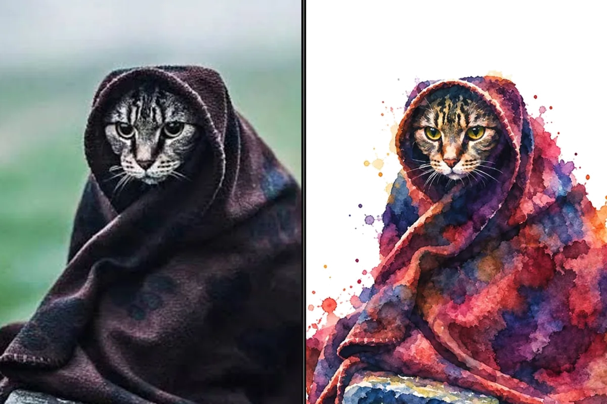 Слева фотография кота в пледе на скамейке, справа тот же кот акварельным эскизом татуировки